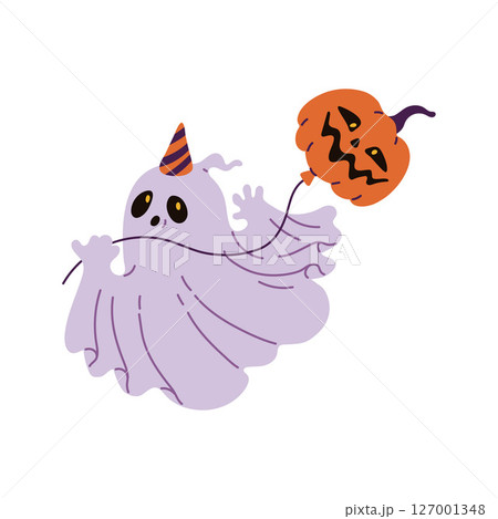 Cute ghost character with pumpkin balloon vector illustration Cute ghost character with pumpkin balloon vector illustration 127001348