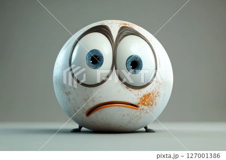 Emotional character with big eyes expressing sadness in a minimalistic setting during a bright light exposure 127001386
