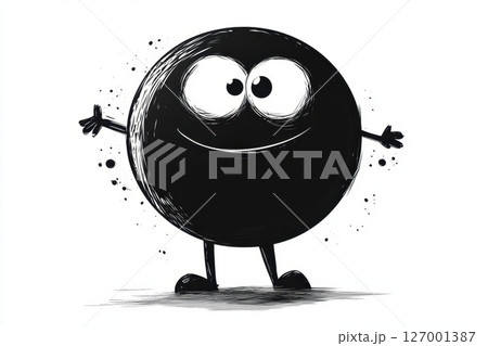 Happy cartoon character with big eyes and arms open wide expressing joy in a simple black and white design suitable for kids Happy cartoon character with big eyes and arms open wide expressing joy in a simple black and white design suitable for kids 127001387