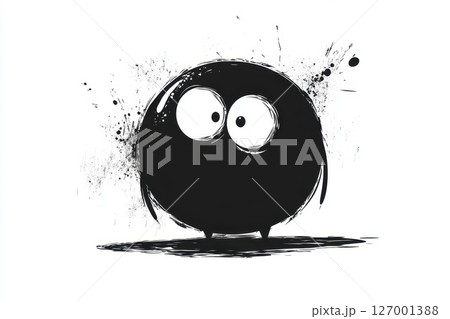 Creative black and white illustration of a round character with large eyes, standing against a splattered background, evoking a sense of curiosity and playfulness during artistic expression 127001388