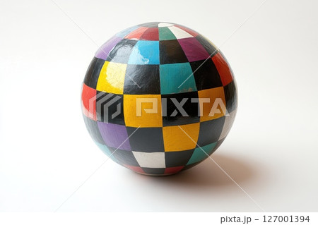 Colorful handcrafted sphere with geometric patterns displayed against a neutral background 127001394