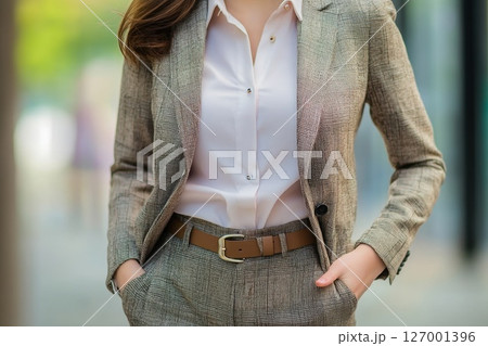 Confident professional woman in stylish suit walking through modern urban setting during bright daylight 127001396