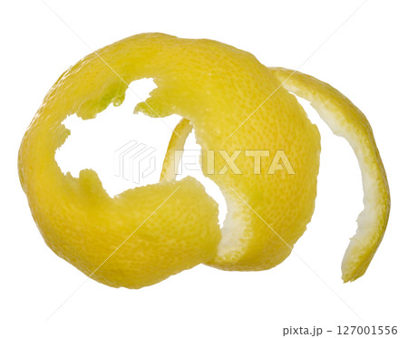 Spiral of fresh yellow lemon peel, isolated background Spiral of fresh yellow lemon peel, isolated background 127001556