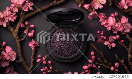 Luxury lilac makeup compact with floral pattern surrounded by cherry blossoms on dark background for beauty design 127001636