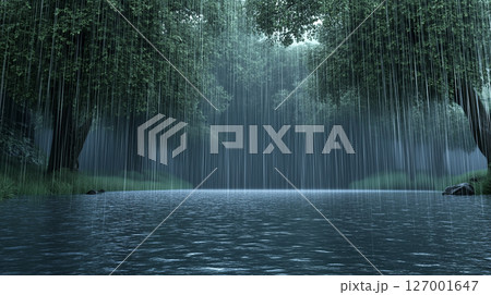 Calm rainy forest with water surface reflecting lush greenery 127001647