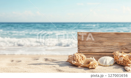 Beach summer concept with wooden board and  seashells against ocean waves background 127001656