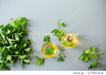 Herbal infusion of mint and currant on a gray background from above 127001818