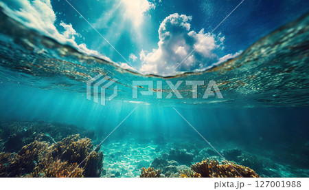 晴天の下で輝くサンゴ礁と海中光線の美しい景色 / 清涼感あふれる自然背景素材 晴天の下で輝くサンゴ礁と海中光線の美しい景色 / 清涼感あふれる自然背景素材 127001988