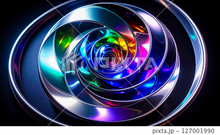 虹色に輝く螺旋状のメタリックアート ／ 未来感と幻想を表現した抽象的グラフィック 127001990