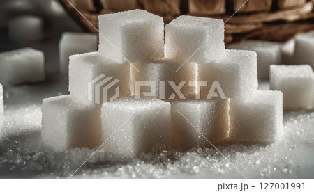 キューブ状に整列した砂糖のマクロ写真 ／ 甘さと清潔感を表現した食品素材 127001991