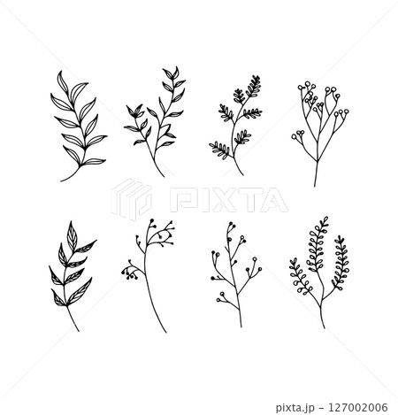 Ink Flower Set. Detailed ink-drawn flower set with diverse floral elements, ideal for decorative vintage or botanical-themed artwork. Ink Flower Set. Detailed ink-drawn flower set with diverse floral elements, ideal for decorative vintage or botanical-themed artwork. 127002006