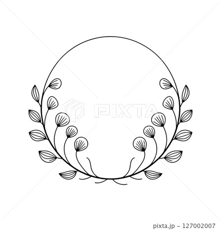 Elegant Leaf Emblem. Decorative circular emblem featuring hand-drawn leaves arranged symmetrically for a refined natural aesthetic. 127002007