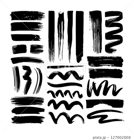 Ink Stroke Set. Handmade black ink brush stroke collection with various textured lines and shapes for creative designs. 127002008