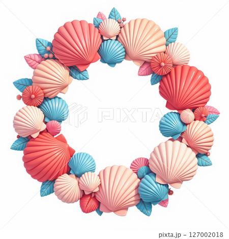 Colorful seashell wreath illustration. 127002018