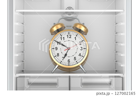 Alarm clock inside empty refrigerator, intermittent fasting concept.  3D rendering 127002165
