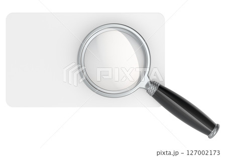 Magnifying glass on blank card, top view. 3D rendering 127002173