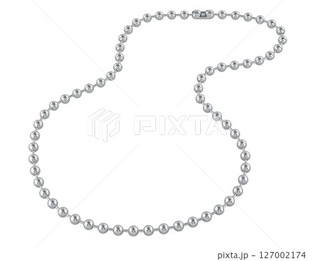 Metallic ball chain necklace with round beads and a connector clasp. 3D rendering 127002174