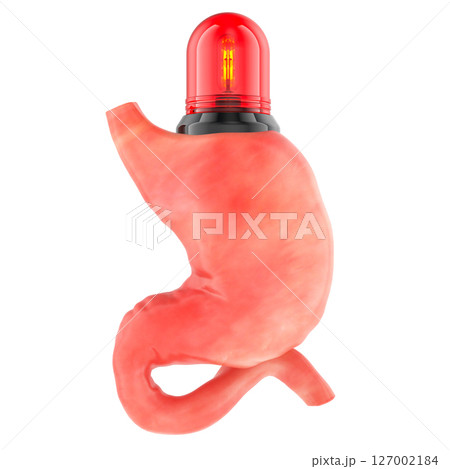 Stomach with alert beacon, health emergency and pain warning or urgent medical condition. 3D rendering Stomach with alert beacon, health emergency and pain warning or urgent medical condition. 3D rendering 127002184