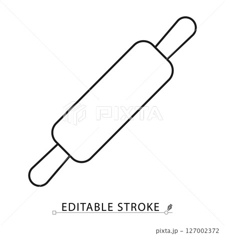 Rolling pin icon in minimal outline style. Editable stroke vector perfect for kitchen tools, baking, cooking, culinary design, pastry icon and home preparation graphics. 127002372