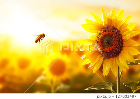 A bee flies over a field of yellow flowers A bee flies over a field of yellow flowers 127002497