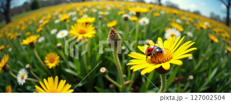 A ladybug sits on a bright yellow flower in a lush meadow filled with blooming daisies under a clear blue sky. The flowers create a colorful landscape in the warm sunlight. 127002504