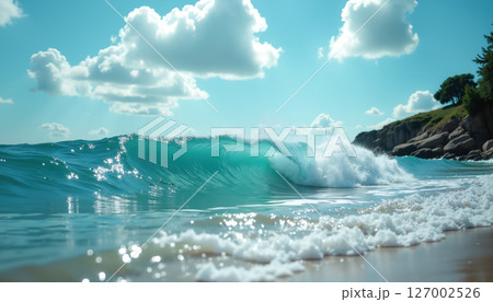 Sparkling wave on a sunny beach. 127002526