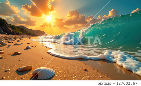 Sunset wave on a sandy beach. 127002567