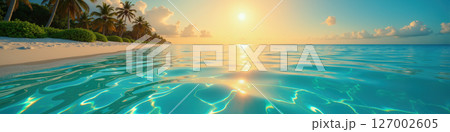 Tropical beach at sunrise with palm trees. 127002605