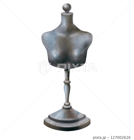 Mannequin bust for trying on clothes. Watercolor illustration in vintage style. For the sewing blogs, workshops, master classes, showcases, logos and business cards. Stickers, postcards and labels. 127002626