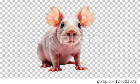 A delightful hairless guinea pig sits calmly in a cozy indoor space. Its pink, smooth skin showcases unique wrinkled features, adding to its adorable appearance, making it a perfect pet. 127002672