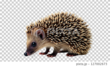 Curled and slightly stressed, an African pygmy hedgehog displays its quills in a defensive stance while standing on a smooth surface. The unique patterns and textures of its spines are evident. 127002673