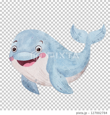 Whale. Cute watercolor illustration for kids. Hand drawn in soft colors, isolated on a white background, perfect for baby room decor, children's books. Whale. Cute watercolor illustration for kids. Hand drawn in soft colors, isolated on a white background, perfect for baby room decor, children's books. 127002784