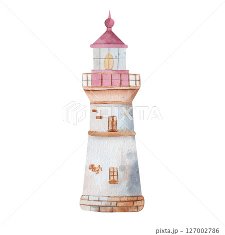 Lighthouse. Watercolor illustration, hand drawn, isolated on white background, nautical theme. Perfect for nautical theme, travel blogs, postcards, home decor and nautical branding 127002786