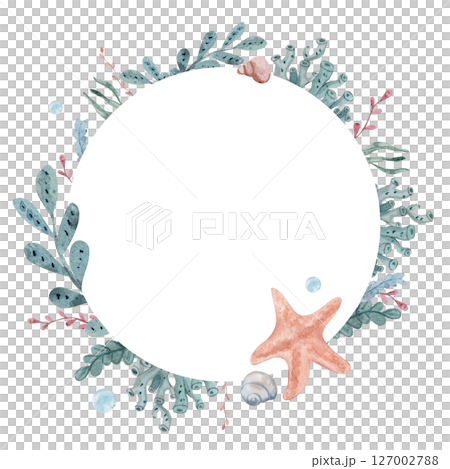 Round watercolor frame featuring starfish, shells and seaweed, water bubbles and blank space for text. Hand drawn, white background. Elegant design perfect for wedding invitations, greeting cards. Round watercolor frame featuring starfish, shells and seaweed, water bubbles and blank space for text. Hand drawn, white background. Elegant design perfect for wedding invitations, greeting cards. 127002788