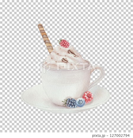 White coffee cup with hot chocolate and cream with waffle tube, coffee beans, raspberries, blueberries, blackberries, saucer. Watercolor illustration isolated on white background. For menu design. White coffee cup with hot chocolate and cream with waffle tube, coffee beans, raspberries, blueberries, blackberries, saucer. Watercolor illustration isolated on white background. For menu design. 127002794