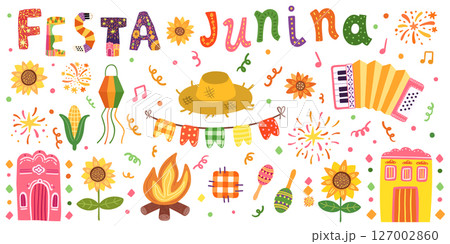 Festa Junina Vector Set with Text and Festive Graphics - Sunflower, Straw Hat, Bunting, Accordion, Corn, Brazilian Festival Illustrations Festa Junina Vector Set with Text and Festive Graphics - Sunflower, Straw Hat, Bunting, Accordion, Corn, Brazilian Festival Illustrations 127002860