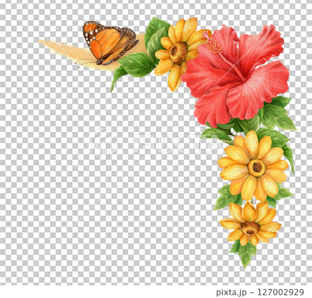 Red Hibiscus with yellow flower and butterfly summer corner arrangement. Hand drawn watercolor botanical art. Floral graphic element perfect for botanical card template and holiday season design. Red Hibiscus with yellow flower and butterfly summer corner arrangement. Hand drawn watercolor botanical art. Floral graphic element perfect for botanical card template and holiday season design. 127002929