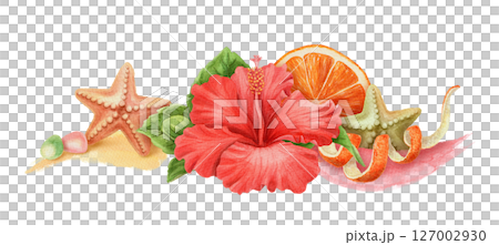 Summer wide arrangement with Hibiscus flower and starfish. Hand drawn watercolor artwork with orange and brushstroke. Beach vibe graphic element. Perfect for card template and holiday season design. Summer wide arrangement with Hibiscus flower and starfish. Hand drawn watercolor artwork with orange and brushstroke. Beach vibe graphic element. Perfect for card template and holiday season design. 127002930