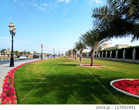 Beautiful road next to the sea of Sharjah. United Arab Emirates. 127002941
