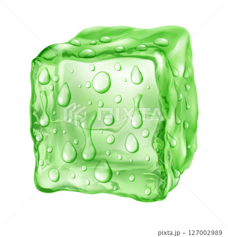 Green translusent ice cube with drops. Green translusent ice cube with drops. 127002989