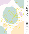 Minimalist boho illustration with golden leaf outline branch and pastel colored shapes, vector 127003212