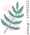 Green boho leaf overlapping pastel colored abstract shapes, vector 127003221