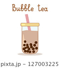 Bubble tea showing boba and pink straw in glass jar with yellow lid, with lettering 127003225