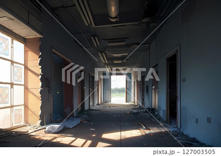 ゲーム背景　ホラー風廃墟となったビルの廊下回廊ダンジョン 127003505