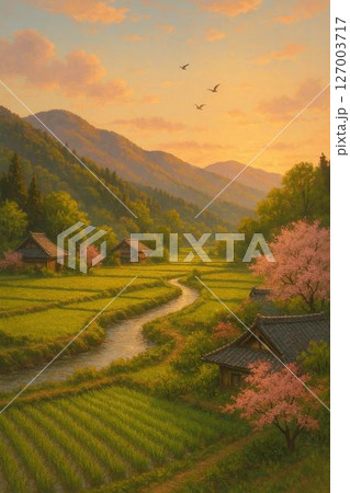 夕日に染まる棚田 夕日に染まる棚田 127003717