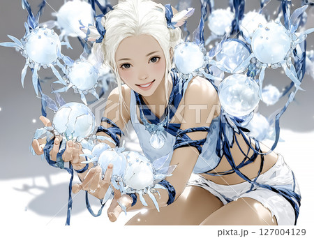 深海に仲間と住む笑顔のプランクトンの妖精のイラスト素材 127004129