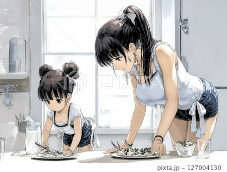 ママと一緒に料理の盛り付けをする子供のイラスト素材 127004130