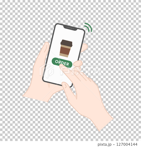 スマホでコーヒーを注文するアイコン・イラスト（モバイルオーダー） 127004144