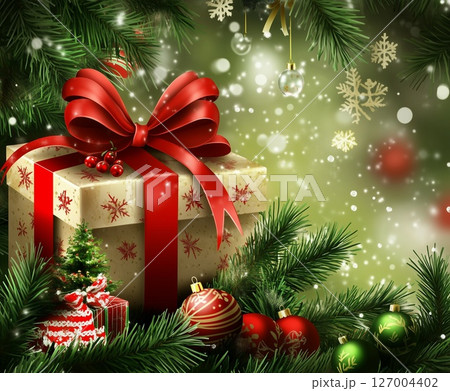 Top view of beautifully wrapped Christmas gifts with red ribbons, surrounded by festive decorations and greenery on a vibrant red background 127004402