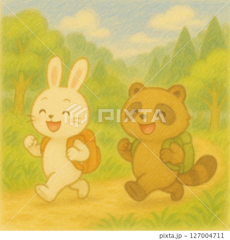 山道をハイキングするうさぎとたぬきの夏イラスト 127004711